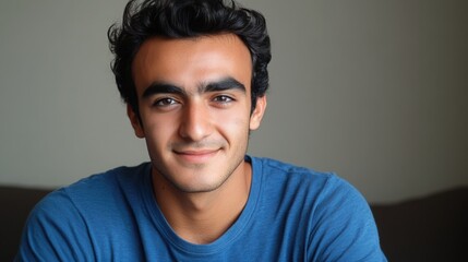Obraz premium Young man smiling warmly, soft light enhancing his cheerful expression, minimal background.