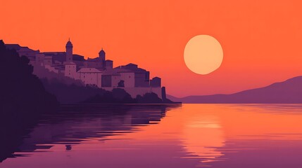 Obraz premium Sunset over coastal town reflecting in calm water