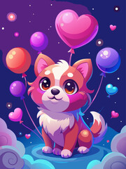 Cute Chibi Puppy with Big Sparkly Eyes and Colorful Heart Balloons in Magical Night Sky