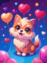 Cute Chibi Puppy with Big Sparkly Eyes and Colorful Heart Balloons in Magical Night Sky
