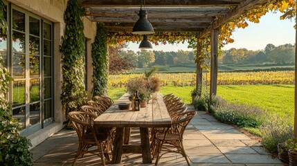 Obraz premium Cozy Outdoor Dining Area Surrounded by Vibrant Nature and Vines