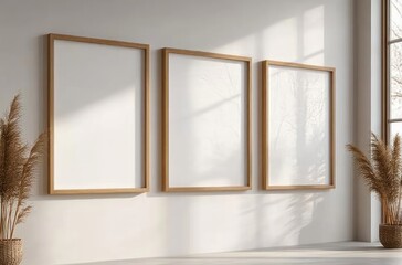 Minimalist Scandinavian Interior with Empty Picture Frames on Beige Wall