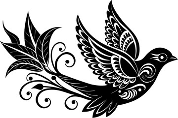 Obraz premium Ornate Flying Bird Silhouette with Intricate Swirling Patterns in Folk Art Style