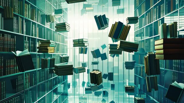 AI Ethics and Governance. Minimalist digital space filled with books on AI ethics