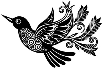 Ornate Flying Bird Silhouette with Intricate Swirling Patterns in Folk Art Style