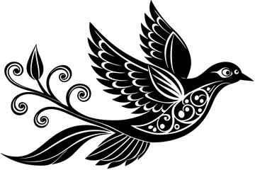 Ornate Flying Bird Silhouette with Intricate Swirling Patterns in Folk Art Style
