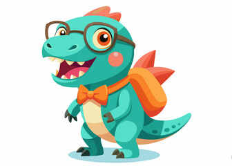 Cute Cartoon Dinosaur in Teal Color with Glasses, Red Bow Tie, and Orange Backpack in School-Themed Design