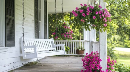 Fototapeta premium Charming Rustic Porch with Vibrant Pink Flowers and Swinging Bench