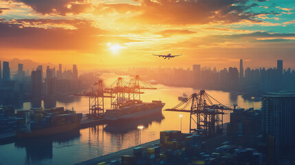 Container truck in ship port for business Logistics and transportation of Container Cargo ship and Cargo plane with working crane bridge in shipyard at sunrise, logistic import export and transport

