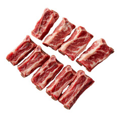 Fresh beef short ribs arranged neatly, showcasing marbled meat and bone. Ideal for grilling or slow cooking, these cuts promise rich flavor and tenderness
