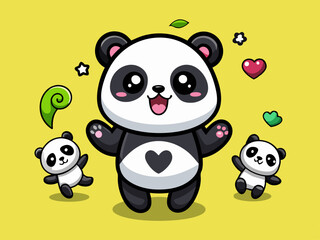 Cute Cartoon Panda Characters Parent and Child with Waving Paw in Kawaii Style