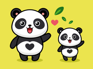 Cute Cartoon Panda Characters Parent and Child with Waving Paw in Kawaii Style