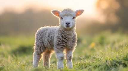 Fototapeta premium Fluffy newborn lamb standing in a green pasture under soft morning light