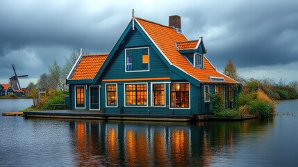 Fototapeta premium Charming Dutch Canal House With Orange Roof