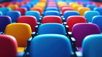 Fototapeta premium Colorful seating arrangement in theater or auditorium, showcasing vibrant red, blue, yellow, and purple chairs. image evokes sense of excitement and anticipation