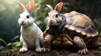 "Rabbit Rides Turtle in a Race, Blurred Background"