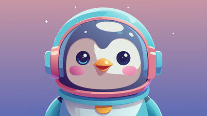 Cute Cartoon Penguin Astronaut with Big Eyes, Blue Space Helmet, and Playful Expression in Kawaii Style