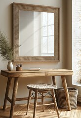 Scandinavian Interior Design Scene with Wooden Desk and Empty Frame in Cozy Living Room