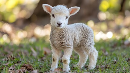 Obraz premium Fluffy newborn lamb standing in a green pasture under soft morning light
