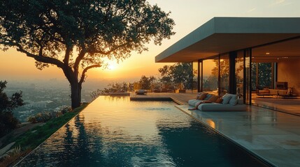 Fototapeta premium Modern Sunset Villa Infinity Pool Overlooking Cityscape