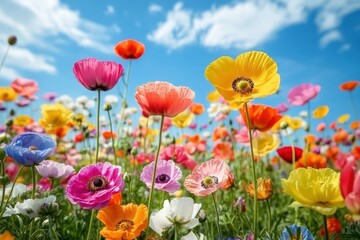 Obraz premium Vibrant Spring Meadow of Colorful Wildflowers Under a Bright Blue Sky