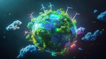 Lush green planet with wind turbines and solar panels, representing sustainable energy and environmental protection.