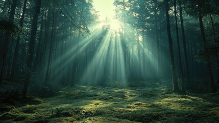 Naklejka premium Sunbeams Illuminate a Mossy Forest Floor