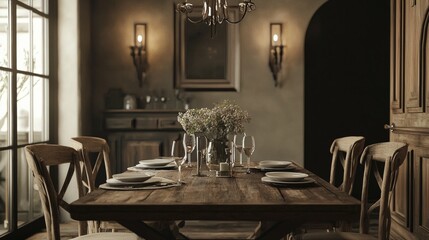 Elegant Rustic Dining Room with Natural Light and Vintage Decor