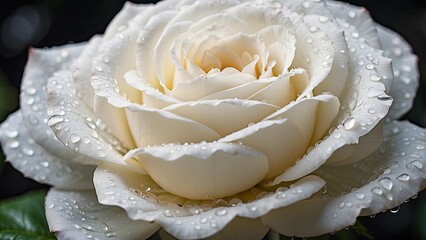 "AI-Generated White Rose with Droplets on Black Background Banner with Copy Space"