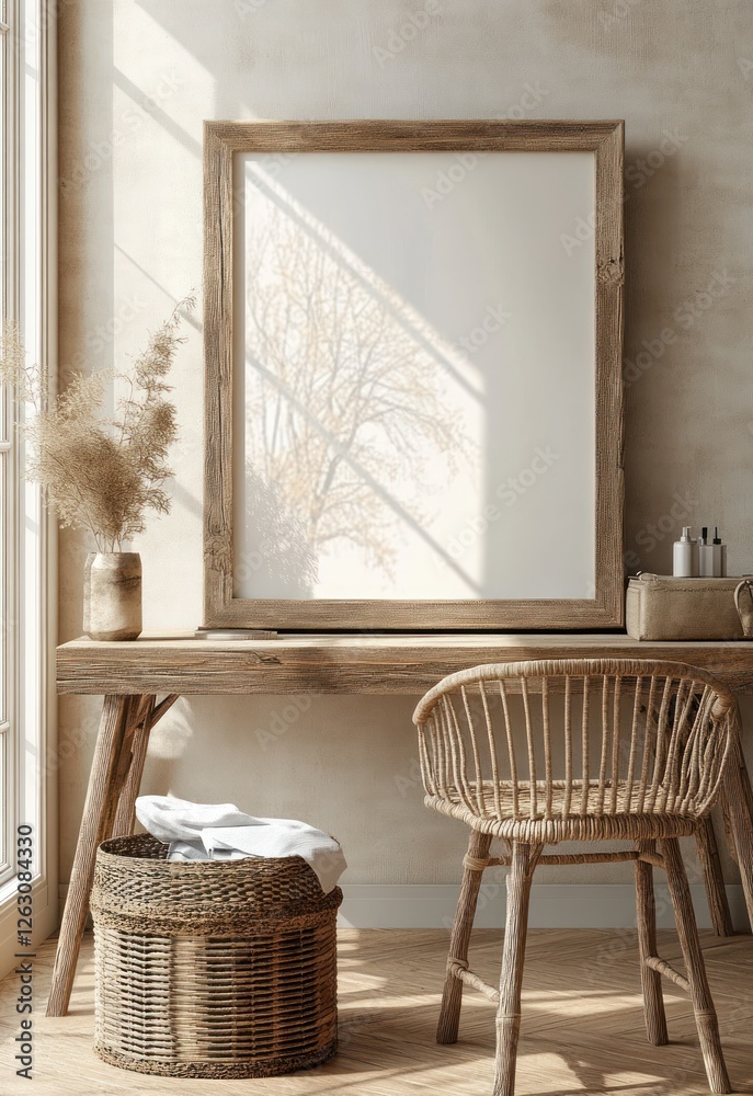 Poster scandinavian minimalist room with wooden desk and empty frame natural light