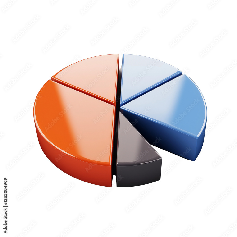 Poster colorful pie chart with segments in orange, blue, and gray, representing data visualization and anal