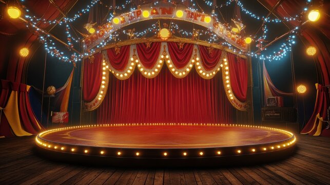 vibrant circus stage with red curtains, bright lights, and wooden flooring creates inviting atmosphere for performances. colorful decorations enhance festive mood