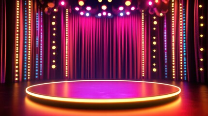 vibrant circus stage podium with colorful lights and curtains, creating energetic atmosphere for performances