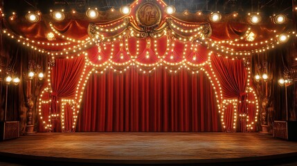 vibrant circus stage podium adorned with red curtains and bright lights, creating inviting atmosphere for performances. intricate design adds touch of elegance and excitement