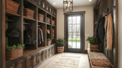 Fototapeta premium Modern Rustic Entryway with Storage Baskets and Coats