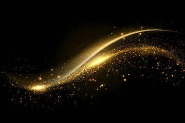 Abstract golden wave with sparkling particles on a black background, creating a dynamic feel