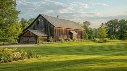 Obraz premium Serene Farm Landscape with Rustic Barn and Vibrant Green Lawn