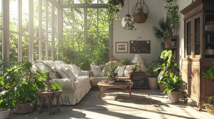 Fototapeta premium Cozy Indoor Garden Living Room with Abundant Natural Light
