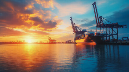 Obraz premium Container truck in ship port for business Logistics and transportation of Container Cargo ship and Cargo plane with working crane bridge in shipyard at sunrise, logistic import export and transport