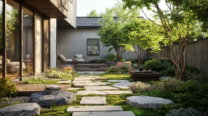 Serene Modern Garden with Natural Stones and Lush Greenery
