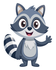 Cute Cartoon Raccoon with Big Eyes, Friendly Expression, and Waving Pose in Adorable Forest Style