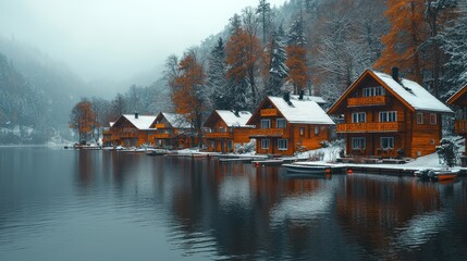 Obraz premium Wooden houses line a snowy lake in a winter wonderland