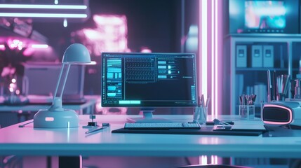 Modern Workspace with Computer and Neon Lighting in Creative Environment