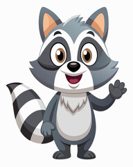 Cute Cartoon Raccoon with Big Eyes, Friendly Expression, and Waving Pose in Adorable Forest Style