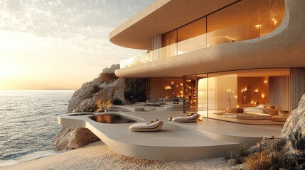 Fototapeta premium Modern Cliffside Home Ocean View Sunset Luxury