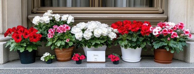 Fototapeta premium Colorful geraniums in flower pots create a vibrant atmosphere on the patio of a historic Spanish villa during a sunny day