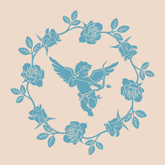 Cupid in rose wreath. Vintage style illustration. Beautiful St. Valentine's Day, wedding greeting card template. Blue silhouettes on beige background