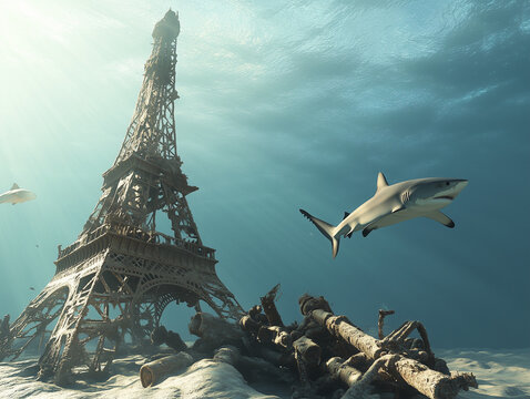 Tour Eiffel au fond de la mer entour&eacute;e de requins