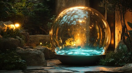 Illuminated Sphere Encased In Dark Garden Setting