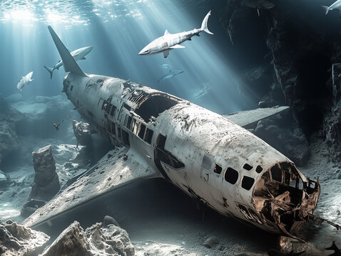Carcasse d'avion dans la mer entour&eacute;e de requins